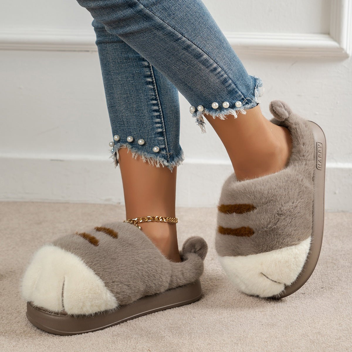 European And American Plus Size Closed Toe Fur Slipper Winter